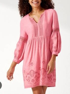 Tommy Bahama Coral-Pink Linen Blend Tunic with Eyelet Trim